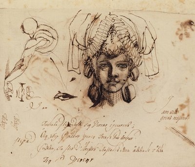 Mrs. Fuseli iført en forseggjort hodeplagg og studier av øye, munn og overkropp (penn og blekk) av Johann Heinrich Füssli