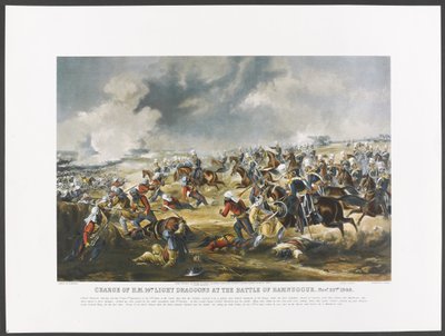 Tiltale for H.M. 14. lette dragoner i slaget ved Ramnuggur, 22. november 1848, gravert av J. Harris, ca. 1851 (fargefotolito) av Henry (after) Martens
