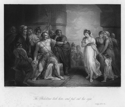 Samson og Delila, dommerne XVI, 21 (gravering) av Henry (after) Singleton