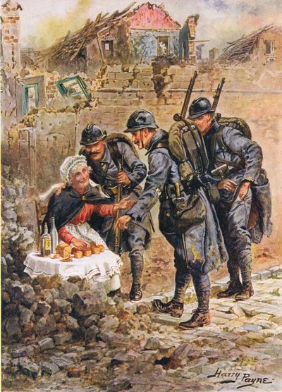 En gammel kvinne som selger kaker midt i de fallende husene i Verdun, illustrasjon fra Brave Deeds av Brave Men av C. Sheridan Jones, pub. 1922 av Henry A. 1868 1940 Payne