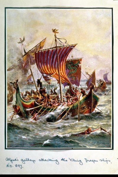 Alfreds bysser angriper Viking Dragon-skipene, 897 e.Kr., illustrasjon fra 