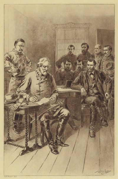 Lees overgivelse til Grant, Appomattox, 9. april 1865 (litho) av Henry Alexander (after) Ogden