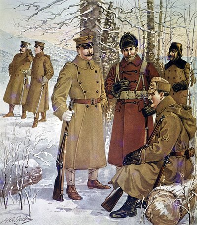 Vinteruniformer fra den amerikanske hæren 1901-07 (farge litho) av Henry Alexander (after) Ogden
