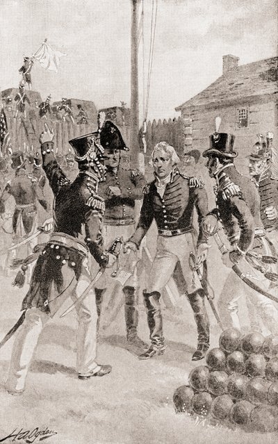 Brigadegeneral William Hull overgir fortet og byen Detroit, Michigan, Amerika under The Siege of Detroit, fra The History of Our Country, publisert 1905 av Henry Alexander Ogden