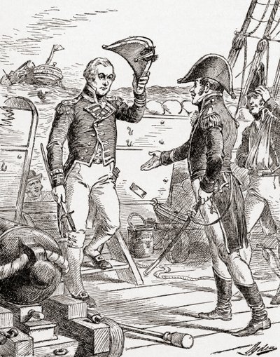 Kaptein Dacres fra HMS Guerriere overgir seg og tilbyr sverdet sitt til kaptein Hull ombord på USS Constitution etter hans nederlag under krigen i 1812, fra The History of Our Country, publisert 19. av Henry Alexander Ogden