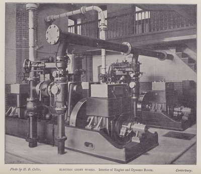 Interiør i motor- og dynamorom, Electric Light Works, Canterbury, Kent (s/hv-bilde) av Henry Beauchamp Collis
