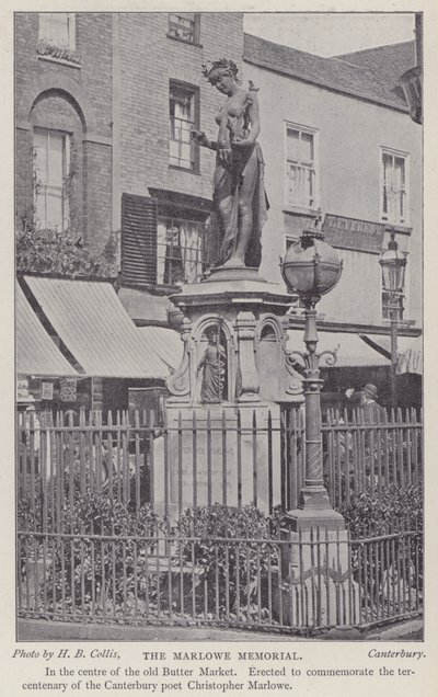 Minnesmerke over dramatikeren og poeten Christopher Marlowe, Buttermarket, Canterbury, Kent (s/hvitt-bilde) av Henry Beauchamp Collis
