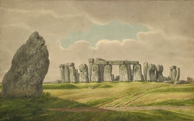 Stonehenge fra N.E., viser ruiner og hælstein med vogn, hest, person, 1824-1839 av Henry Browne