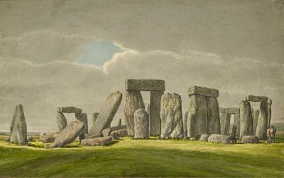 Stonehenge fra S.E., viser steiner i ødelagt tilstand med 2 besøkende, 1824-1839 av Henry Browne