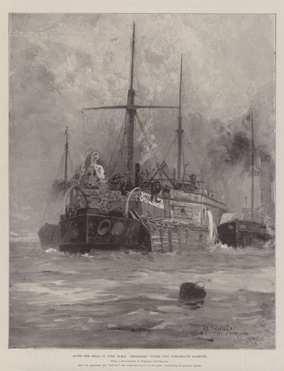 Etter hennes rettssak ved brann, tauet HMS Belleisle inn i Portsmouth havn av Henry Charles Seppings Wright