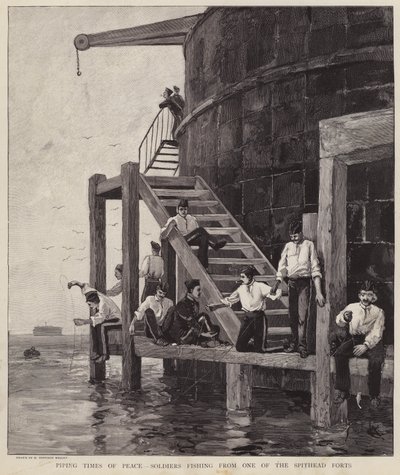 Britiske soldater som fisker fra et av fortene ved Spithead, Hampshire (litho) av Henry Charles Seppings Wright