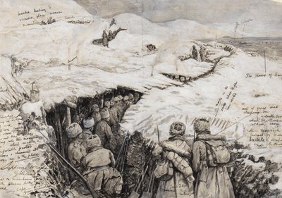 Galicia, russiske tropper i snøkledde åser, 13. mars 1916 (blekk og gouache på papir) av Henry Charles Seppings Wright