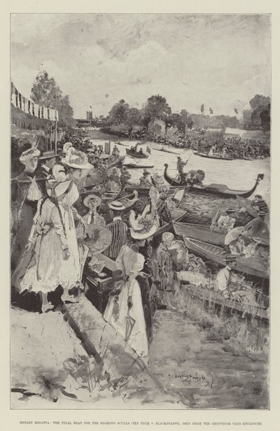 Henley Regatta, Final Heat for Diamond Sculls (Ten Eyck v Blackstaffe), sett fra Grosvenor Club Enclosure av Henry Charles Seppings Wright
