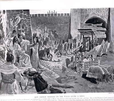 Hvordan kinesiske maninkiner på en vegg redder en by, illustrasjon fra 'Hutchinsons History of the Nations', ca. 1920 av Henry Charles Seppings Wright