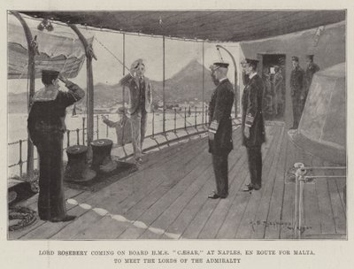 Lord Rosebery kommer ombord på HMS Caesar, i Napoli, på vei til Malta, for å møte Lords of the Admiralty av Henry Charles Seppings Wright