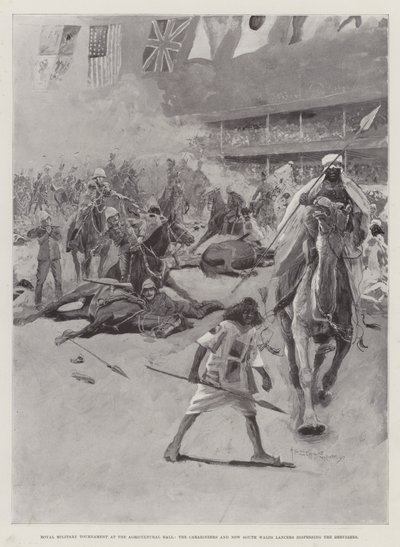 Royal Military Tournament i Agricultural Hall, Carabiners og New South Wales Lancers sprer Dervishene av Henry Charles Seppings Wright