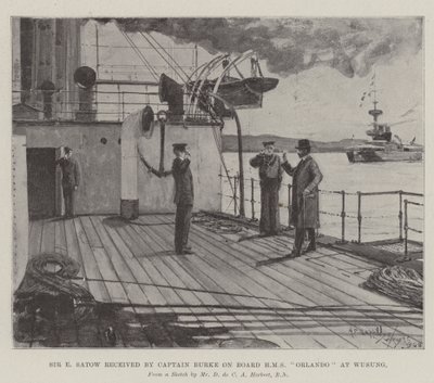 Sir E Satow mottatt av kaptein Burke om bord på HMS Orlando i Wusung av Henry Charles Seppings Wright