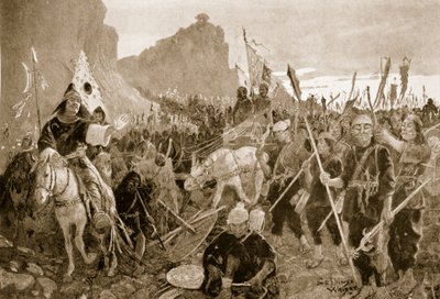 Soldater med "biter" i munnen, illustrasjon fra "Hutchinsons History of the Nations", ca. 1920 av Henry Charles Seppings Wright