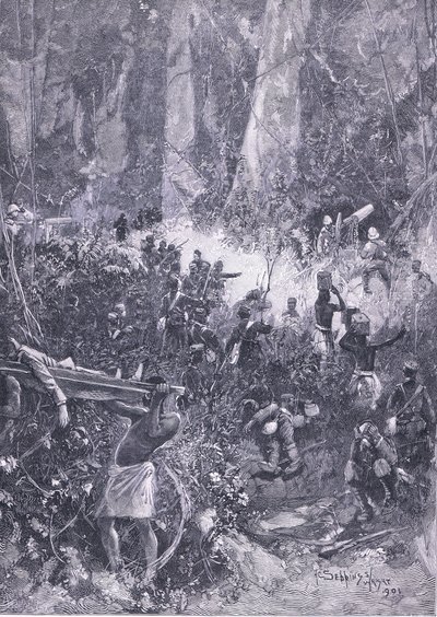 Ashanti-krigen 1900: En kamp i skogen, illustrasjon fra Cassells History of England, 1900-tallet av Henry Charles Seppings Wright