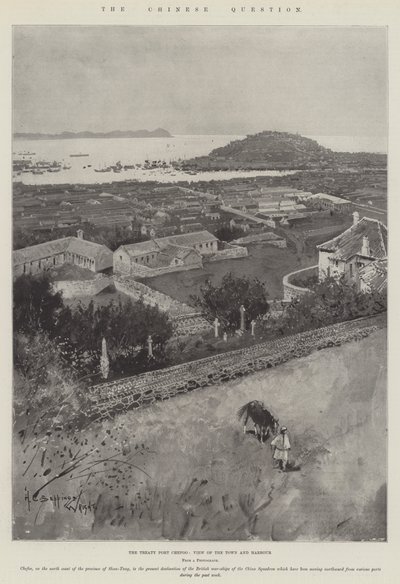 Det kinesiske spørsmålet, traktaten Port Chefoo, utsikt over byen og havnen av Henry Charles Seppings Wright