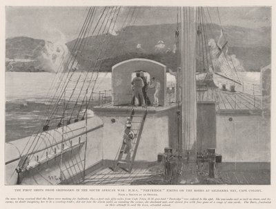 De første skuddene fra skipet i den sørafrikanske krigen, HMS Partridge skjøt mot boerne ved Saldanha Bay, Cape Colony av Henry Charles Seppings Wright