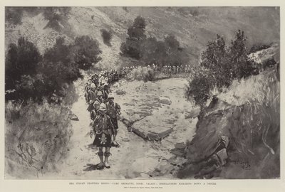 The Indian Frontier Rising, Camp Sheranni, Tochi Valley, Highlanders som marsjerer ned en Defile av Henry Charles Seppings Wright