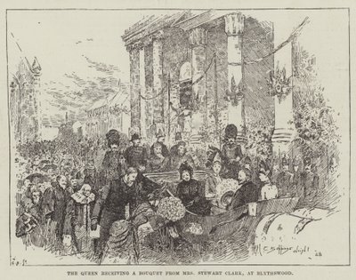 Dronningen mottar en bukett fra fru Stewart Clark, på Blythswood av Henry Charles Seppings Wright