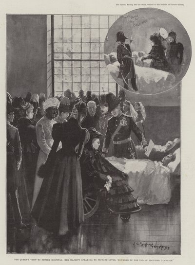Dronningens besøk på Netley Hospital, Hennes Majestet snakker til Private Lever, såret i Indian Frontier Campaign av Henry Charles Seppings Wright