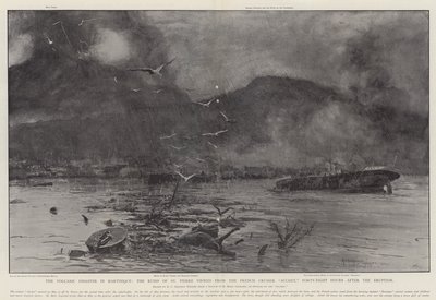 Vulkankatastrofen på Martinique, ruinene av St. Pierre sett fra den franske krysseren Suchet, førtiåtte timer etter utbruddet av Henry Charles Seppings Wright