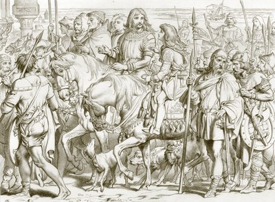 Hereward går inn i den innviede festningen St. Bertin (gravering) av Henry Courtney (after) Selous