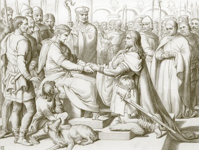 Hvordan Hereward kom inn til kongen (gravering) av Henry Courtney (after) Selous