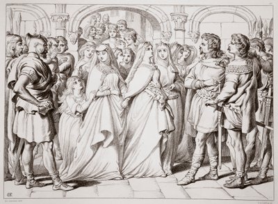 Alftruda gjenkjenner Hereward, illustrasjon fra Hereward the Great av Charles Kingsley, pub. 1870, gravert av C.G. Lewis (gravering av stålplater) av Henry Courtney Selous