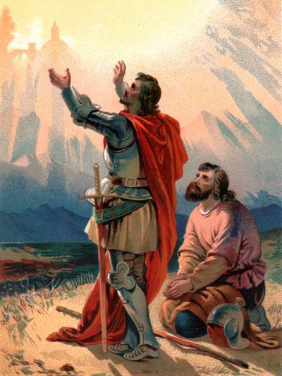 "Christian, tittelens pilegrim, kneler forundret når han og hans følgesvenn ankommer innenfor synsvidde av Den hellige by" av Henry Courtney Selous