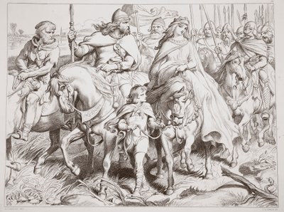 Hereward vokter Alftruda til et trygt sted, illustrasjon fra Hereward the Great av Charles Kingsley, pub. 1870, gravert av CG Lewis (stålplategravering) av Henry Courtney Selous