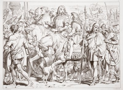 Hvordan Hereward går inn i den innviede festningen St. Bertin, illustrasjon fra Hereward den store av Charles Kingsley, pub. 1870, gravert av C.G. Lewis (gravering av stålplater) av Henry Courtney Selous