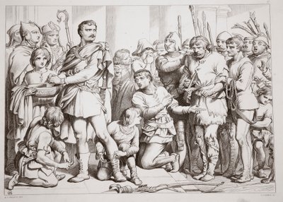 Hvordan Hereward spilte pottemakeren og lurte kongen, illustrasjon fra Hereward the Great av Charles Kingsley, pub. 1870, gravert av C.G. Lewis (gravering av stålplater) av Henry Courtney Selous