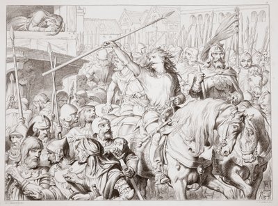 How Hereward turned Berserker, illustrasjon fra Hereward the Great av Charles Kingsley, pub. 1870, gravert av C.G. Lewis (gravering av stålplater) av Henry Courtney Selous