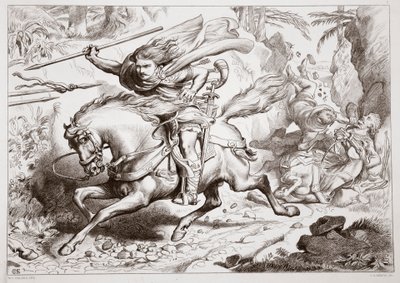 Hvordan Hereward ble fanget i en felle, illustrasjon fra Hereward the Great av Charles Kingsley, pub. 1870, gravert av C.G. Lewis (gravering av stålplater) av Henry Courtney Selous