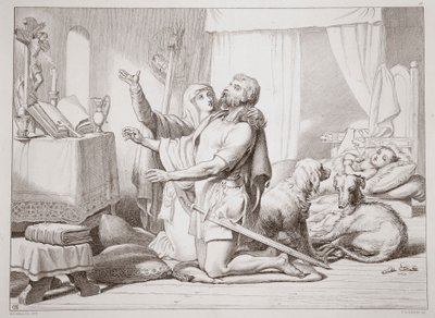 Hvordan Torfrida lærer Hereward å be, illustrasjon fra Hereward the Great av Charles Kingsley, pub. 1870, gravert av C.G. Lewis (gravering av stålplater) av Henry Courtney Selous