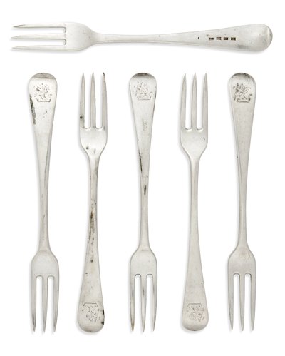 Sett med George III koloniale dessertgafler i gammel engelsk mønster, Gibraltar, ca. 1790 (sølv) av Henry Cowper