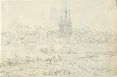 Lichfield Cathedral - East View: penn- og blekktegning, 20. juni [c 1820] (tegning) av Henry Curzon Allport