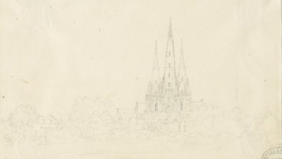 Lichfield Cathedral - East View: blyanttegning, nd [?1800-tallet] av Henry Curzon Allport