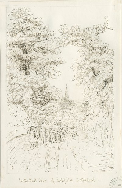 Lichfield Cathedral - South East View (fjern): pennetegning, nd [19th cent] (tegning) av Henry Curzon Allport