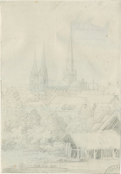 Lichfield Cathedral - South West View: blyanttegning, nd [?1788-1855] (tegning) av Henry Curzon Allport