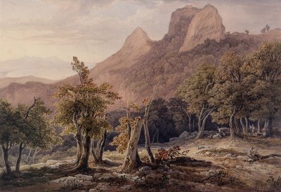 Steinete landskap med figurer og en innsjø i bakgrunnen av Henry Curzon Allport
