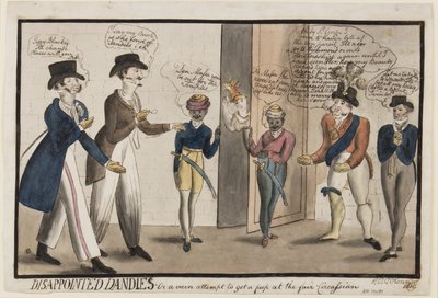 Skuffede Dandies: Eller et forgjeves forsøk på å få et pip på messen Circassian, 1819 (penn, pensel, blekk og wc på papir) av Henry E. O. OConnor