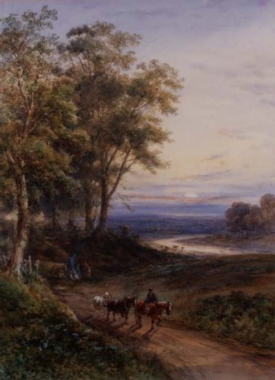 Tømmerlaget ved solnedgang (akvarell) av Henry Earp