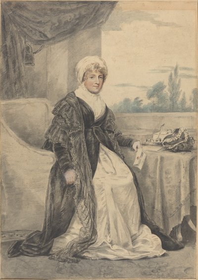 Kvinne sitter ved et bord og holder et brev av Henry Edridge