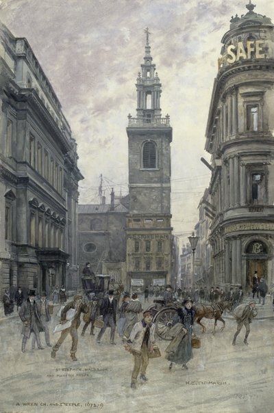 St. Stephen's Walbrook and Mansion House, ca. 1895, av Henry Edward Tidmarsh