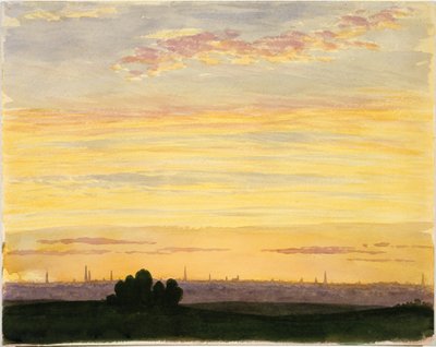 By og solnedgang (akvarell) av Henry Farrer